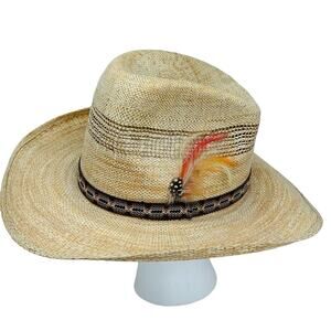 Stylish Straw Cowboy Hat with Feathered Hat Band